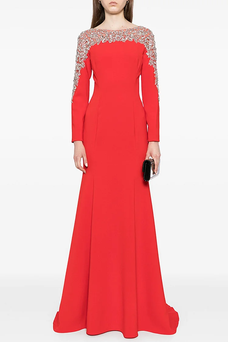 Mesh Floral Rhinestone Embellished Long Sleeve Maxi Dress-Red