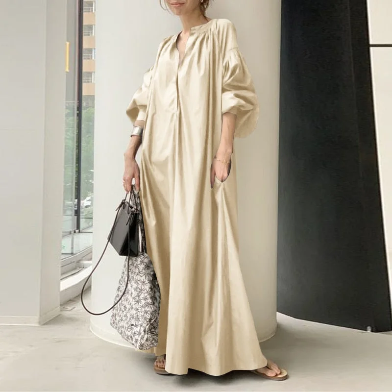 Autumn Sundress ZANZEA Fashion Women Lantern Sleeve Maxi Long Dress Oversized Dresses Spring V Neck Solid Loose Party Vestidos