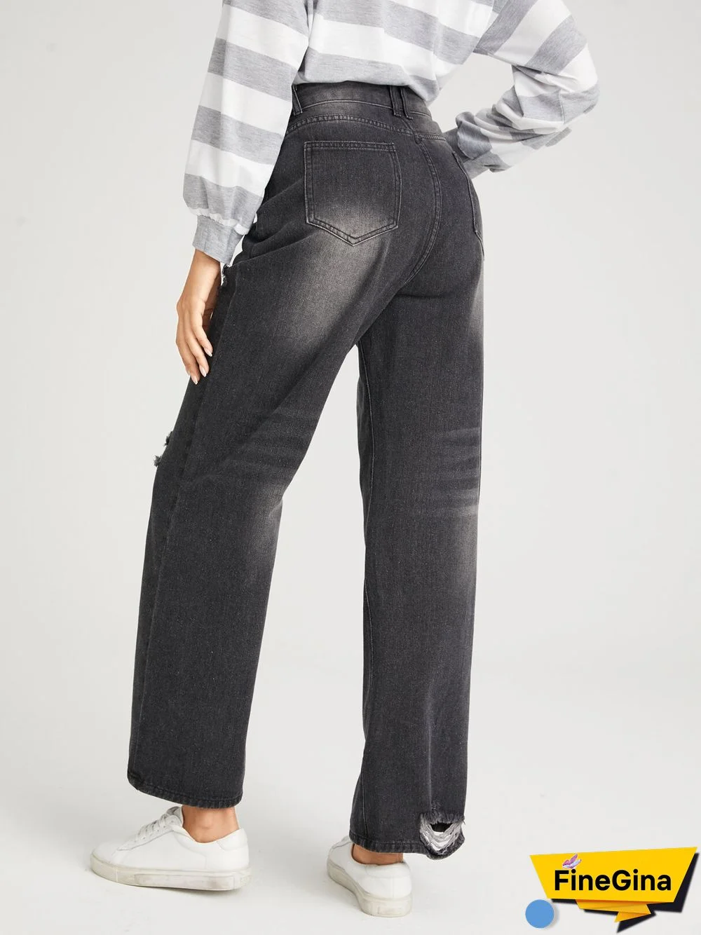 Ripped Faded Effect Washed Zipper Fly Wide Leg Jeans