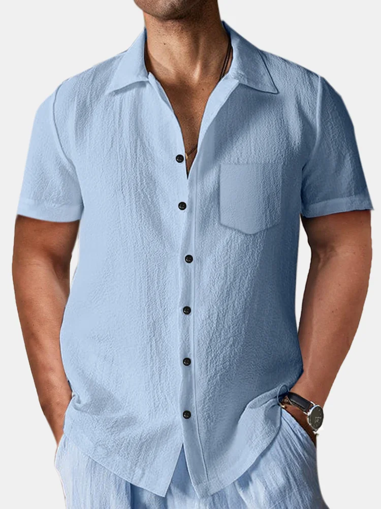 Men's Summer Daily Comfortable Cotton And Linen Solid Color Short-sleeved Shirt