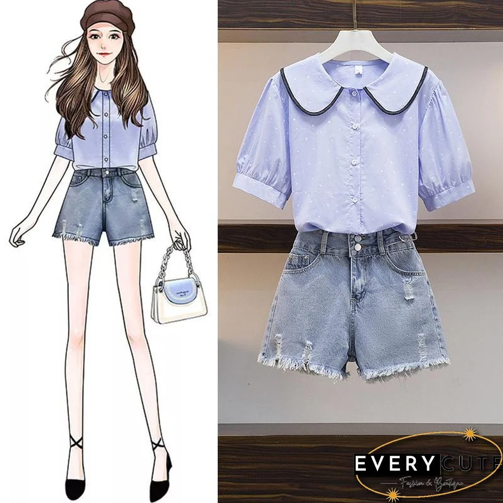 Lapel Pokla Dots Tee+Denim Shorts P13075