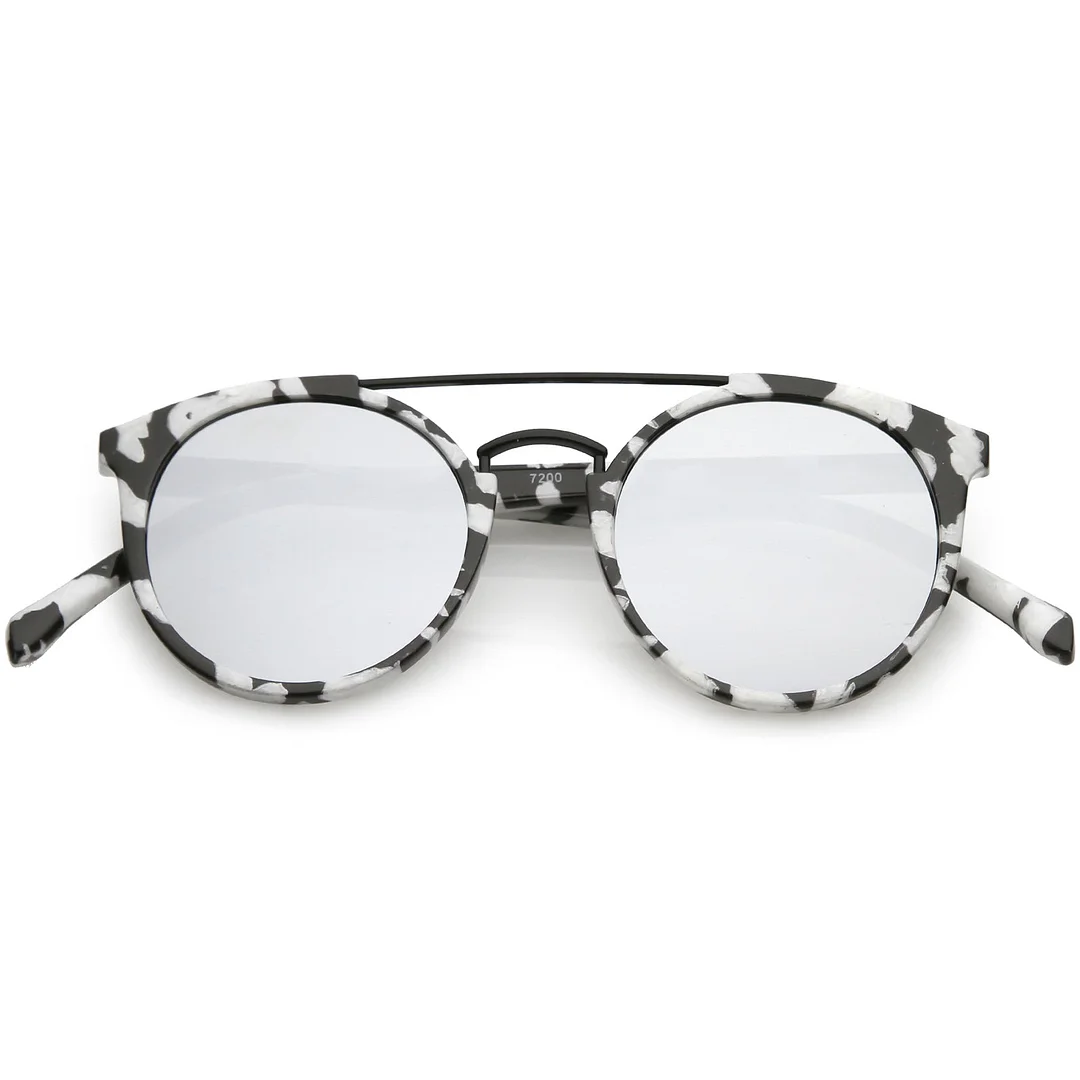 Modern Horn Rimmed glasses Marble Print Double Crossbar Round Flat Lens 50mm