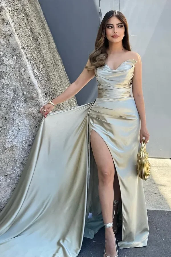 Daisda Strapless Sleeveless V-Neck Mermaid Pleated Prom Dress