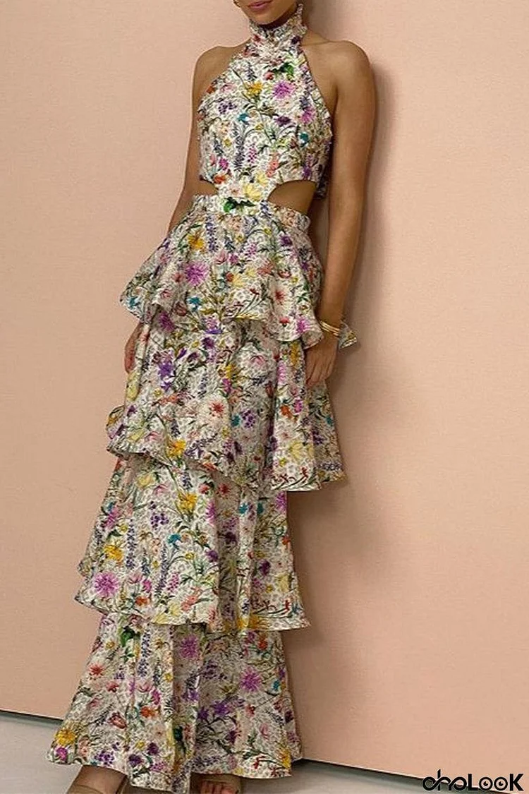 Elegant Floral Backless With Bow Halter Cake Skirt Dresses