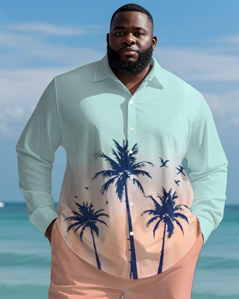 Men's Plus Size Hawaiian Orange Coconut Tree Gradient Print Long Sleeve Shirt Trousers Suit