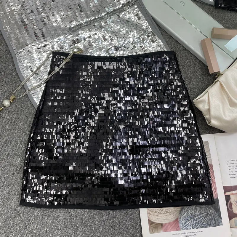 Brownm Real Shooting Heavy Industry Flash Shiny Piece High Waist Thin A Short Skirt Picts Anti-Walking Bag Hip Step Skirt 8108