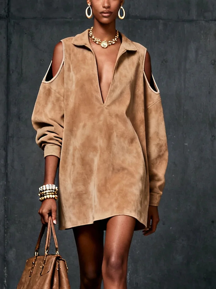 Camel Faux Suede Cold-Shoulder Dress