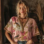 Retro Bohemian Floral Bird Art V-neck Short-sleeved Top - Image 2