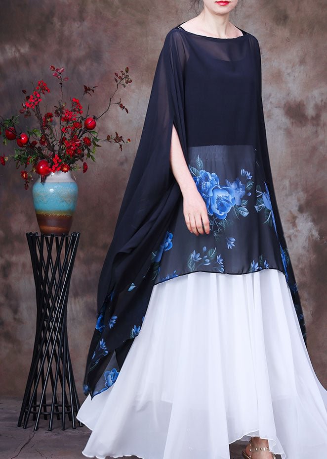 Handmade Blue Print Asymmetrical Design Chiffon Top For Women Batwing Sleeve