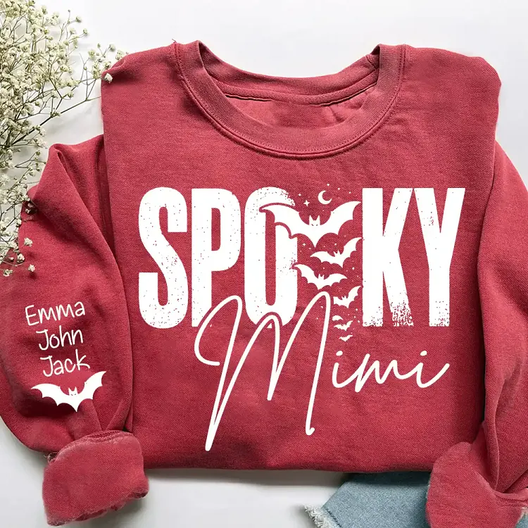 Personalized Spooky Mimi Sweatshirt, Custom Grandkids Names Sleeve Shirt, Flying Bats Halloween Gift