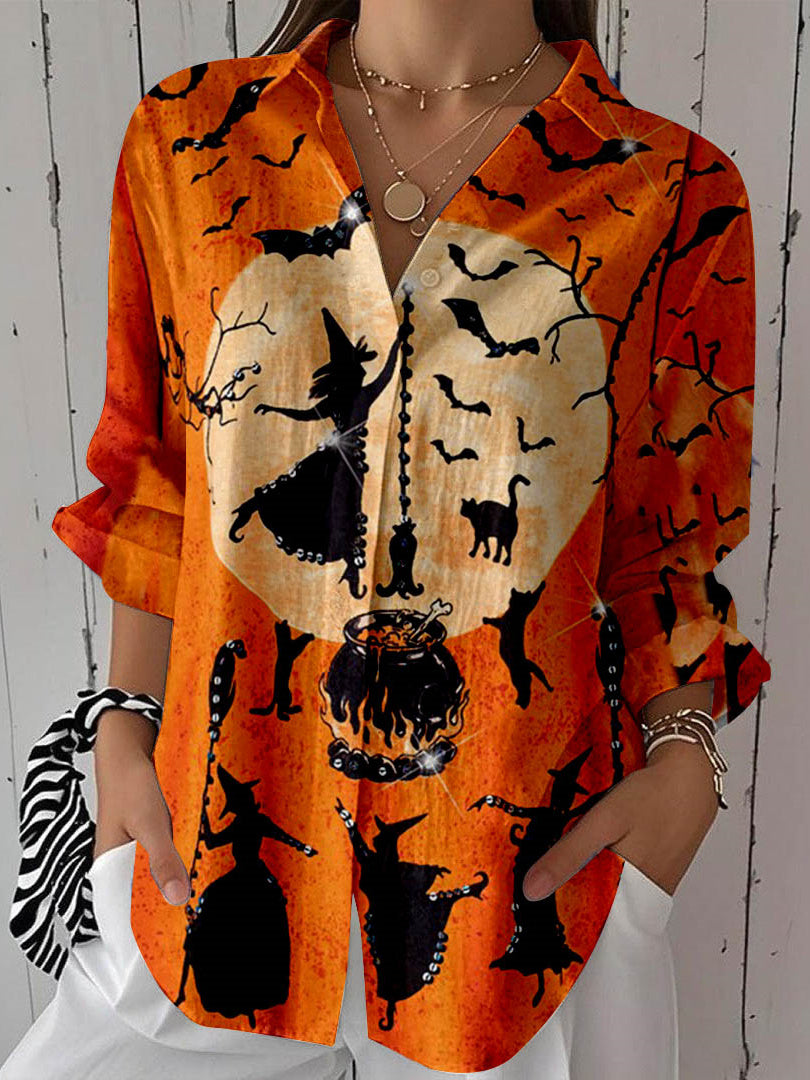Women 3/4 Sleeve Shirt Collar Ghost Printed Graphic Button Tops