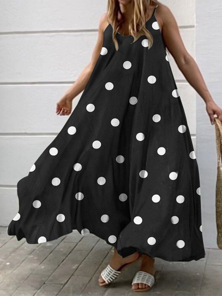 Polka Dot Adjustable Strap Sleeveless Backless Maxi Dress