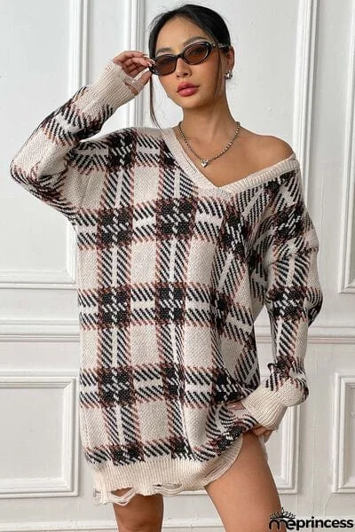 Plaid V-Neck Long Sleeve Sweater Dress