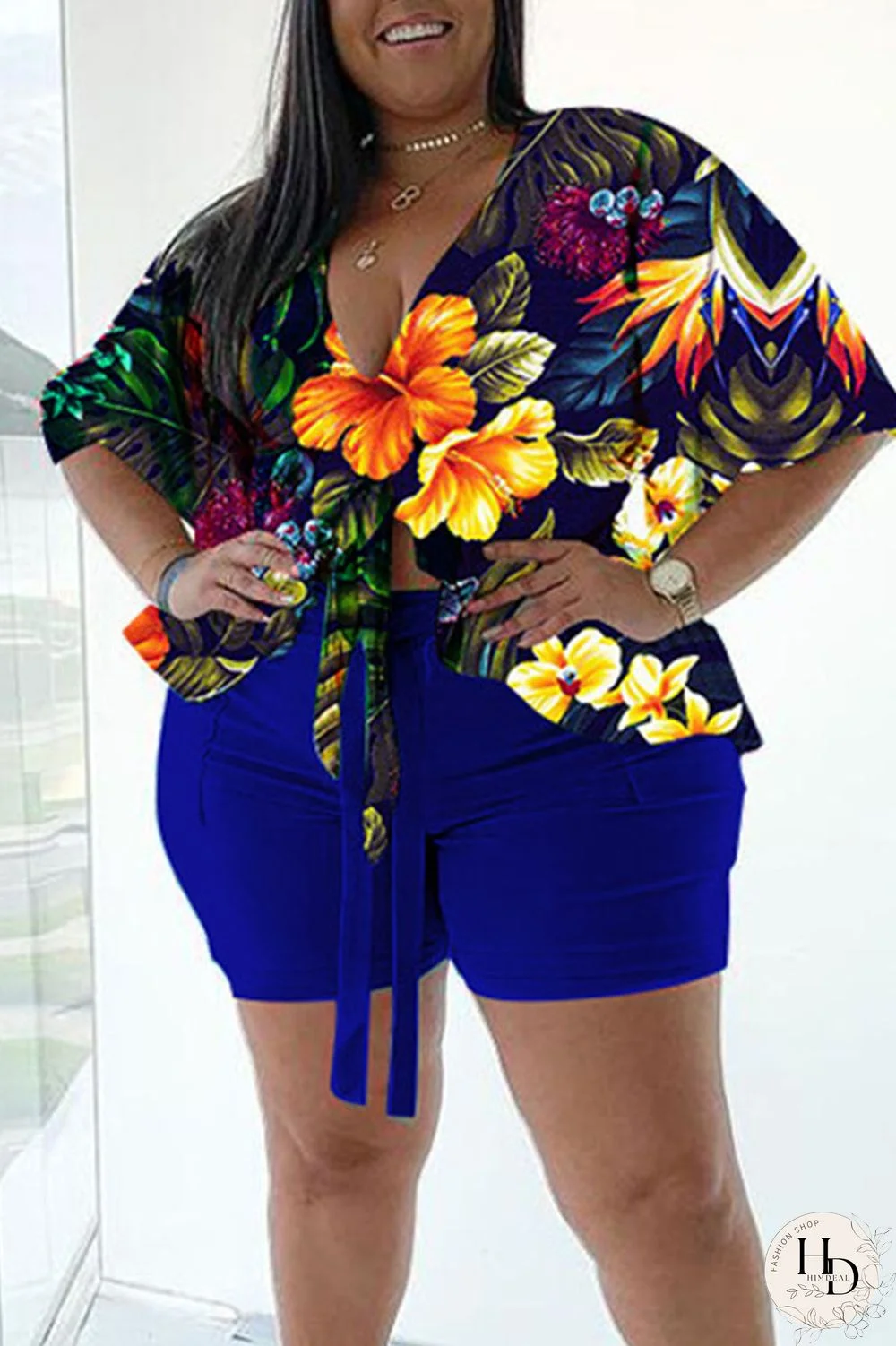 Blue Casual Print Bandage Split Joint V Neck Plus Size Two Pieces