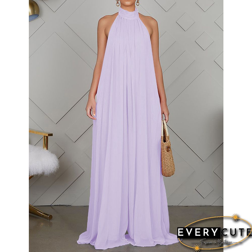 Light Purple Halter Neck Backless Chiffon Wide Leg Jumpsuit