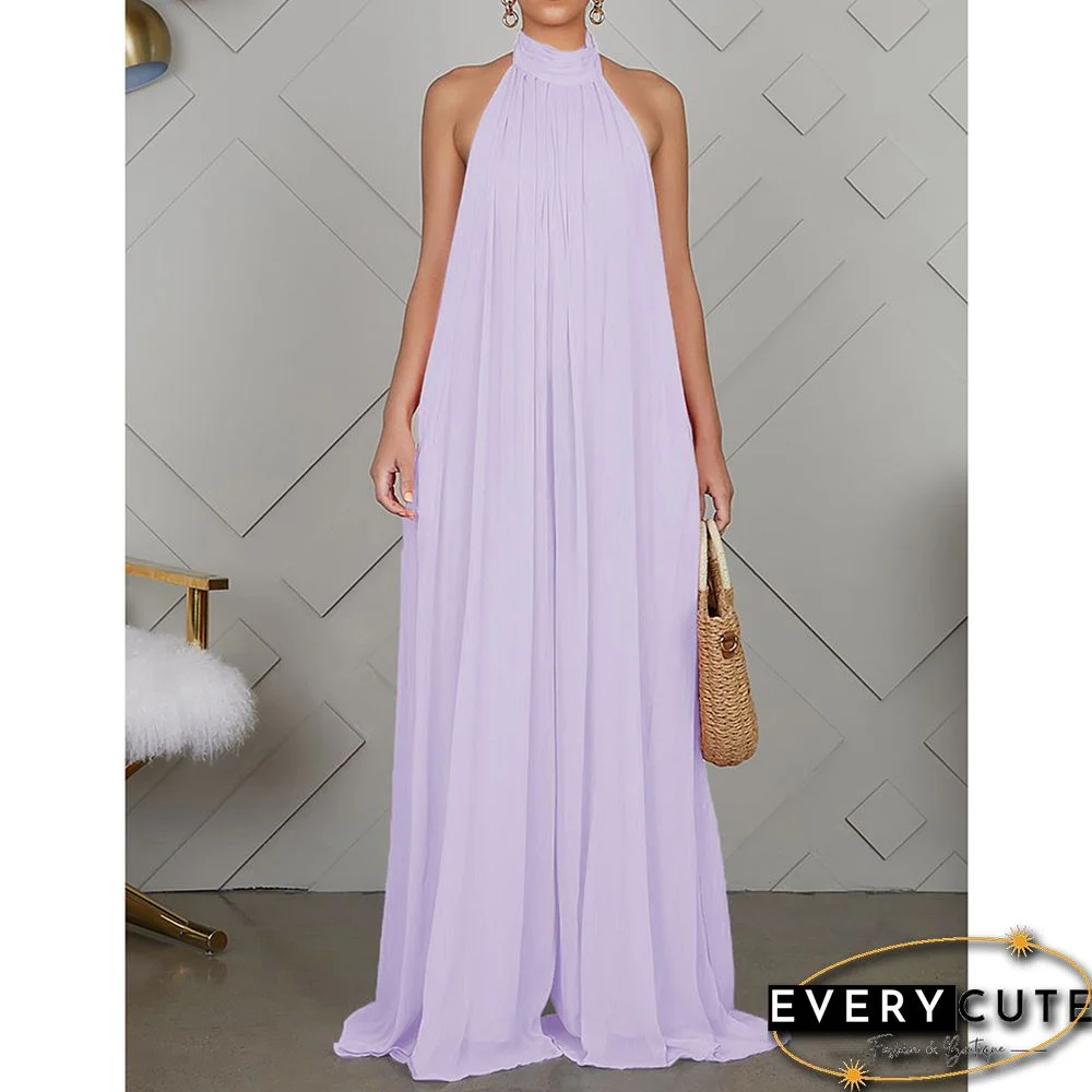 Light Purple Halter Neck Backless Chiffon Wide Leg Jumpsuit