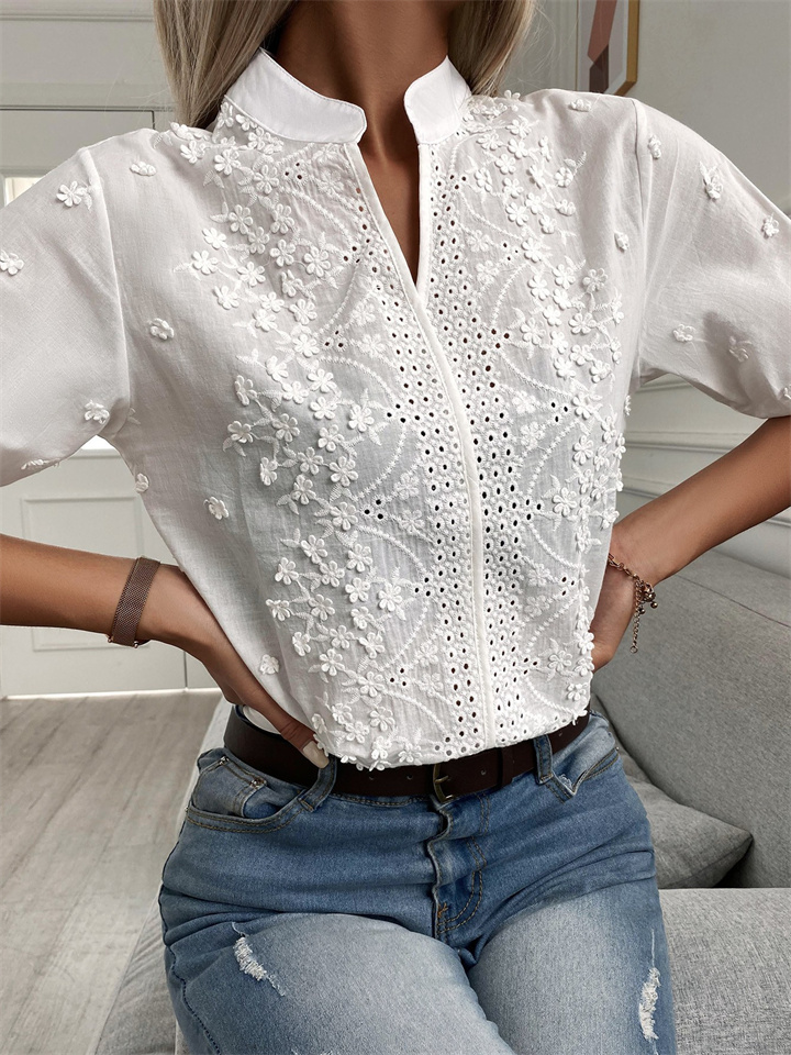 Women's New V-neck Monochrome Stand-up Collar Embroidered Embroidery Lace Loose Type Temperament Commuter Blouse Shirt