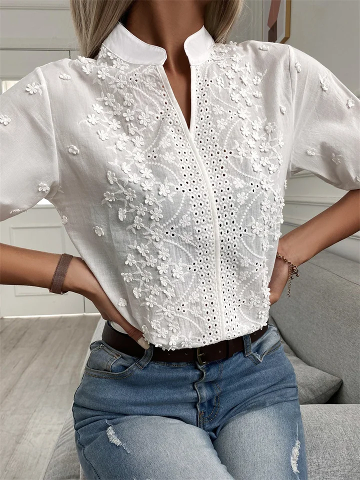 Women's New V-neck Monochrome Stand-up Collar Embroidered Embroidery Lace Loose Type Temperament Commuter Blouse Shirt-Cosfine
