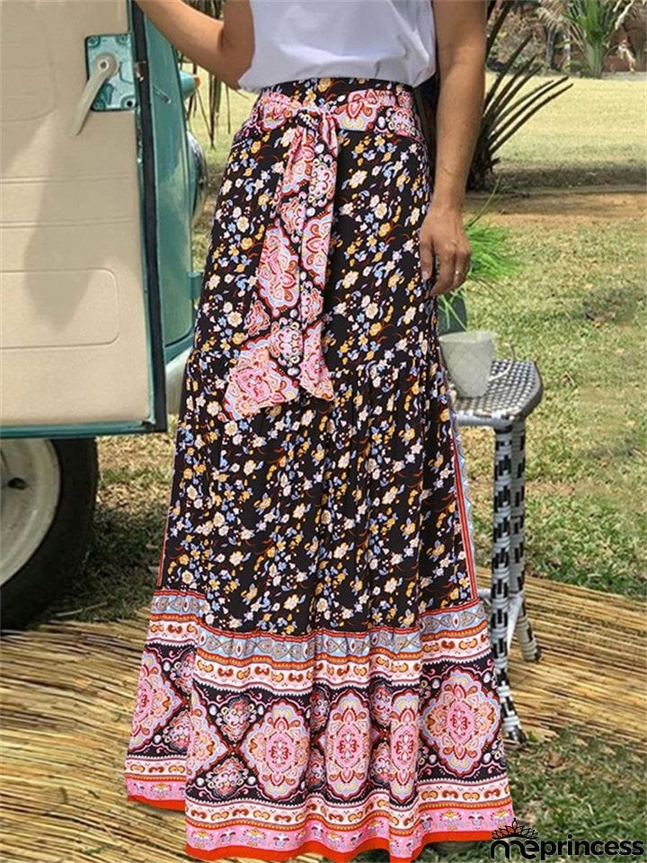 Bohemian Vintage Floral Pleated Long Skirt for Women