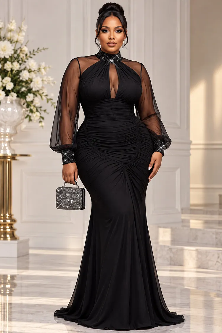 Xpluswear Design Plus Size Formal Tulle Black Mock Neck Lantern Sleeve Long Sleeve Fold See Through Knitted Maxi Dresses [Pre-Order] 2024 - Xpluswear