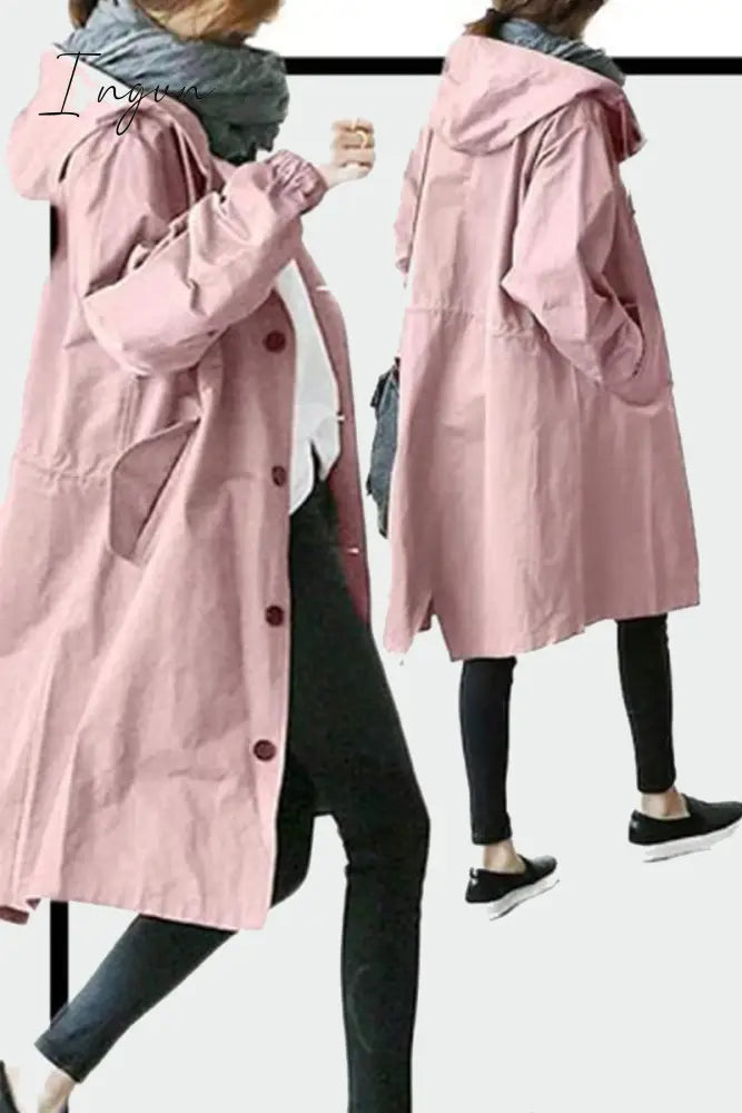 Ingvn - British Style Solid Pocket Buttons Hooded Collar Outerwear Pink / S Outerwear/Coats &