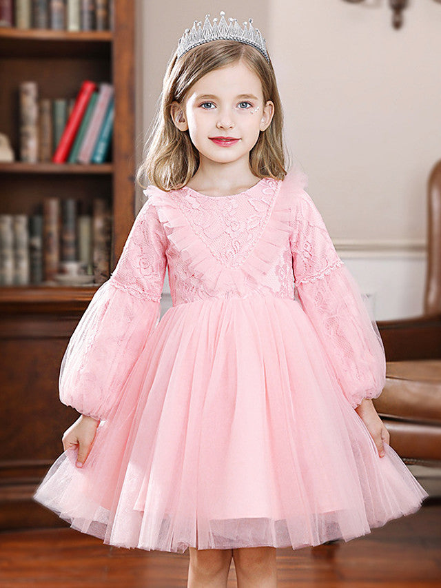 Oknass Ball Gown Long Sleeve Jewel Neck Flower Girl Dress Tulle With Pleats  Splicing