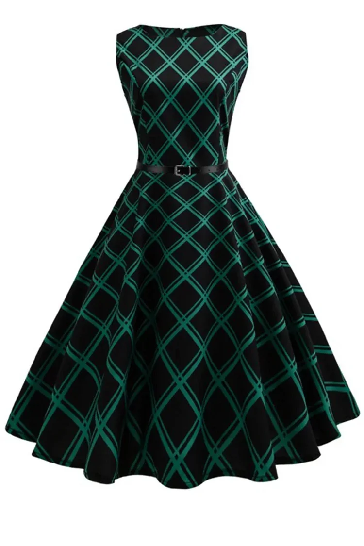 1950s Green Party Grid Sleeveless Swing Midi Dress (With Belt)