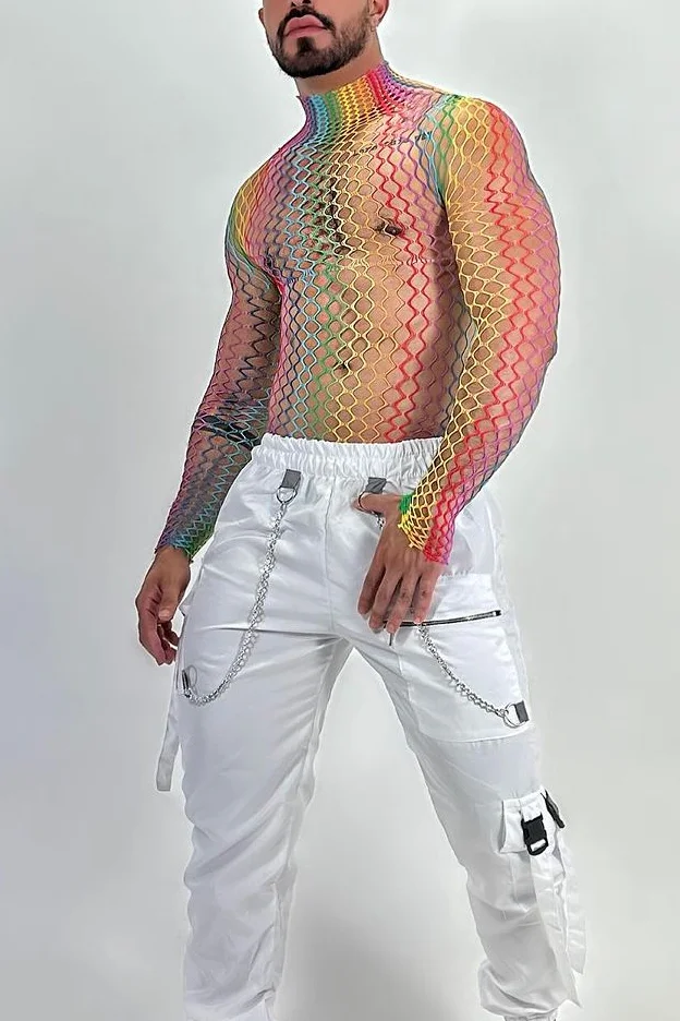 Rainbow Hollow Out Mock Neck Long Sleeve Stretchy Bodycon Bodysuit