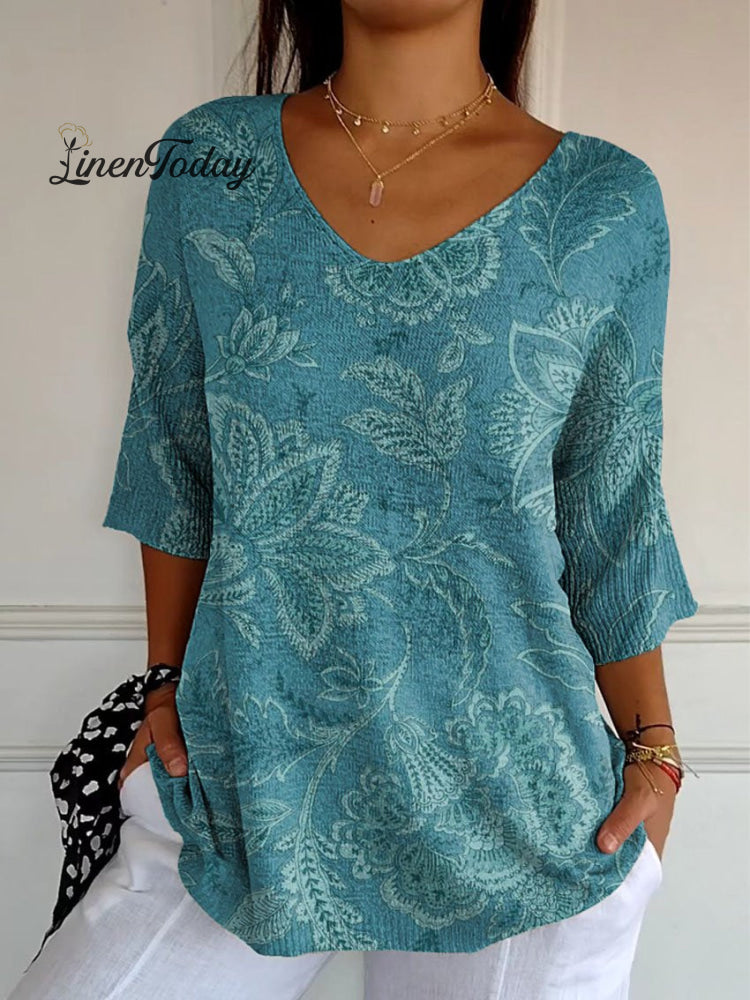 Women’s Vintage Ethnic Floral Art Print Casual Pullover Knit / S