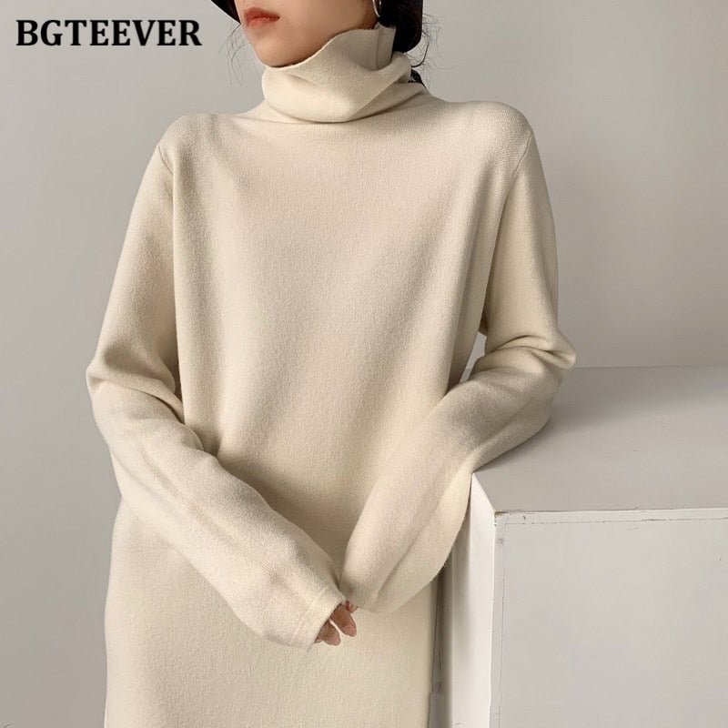 BGTEEVER Autumn Winter Thicken Women Dress Turtleneck Ladies Knit Vestidos Casual Warm Loose Female Sweaters Dress 2021