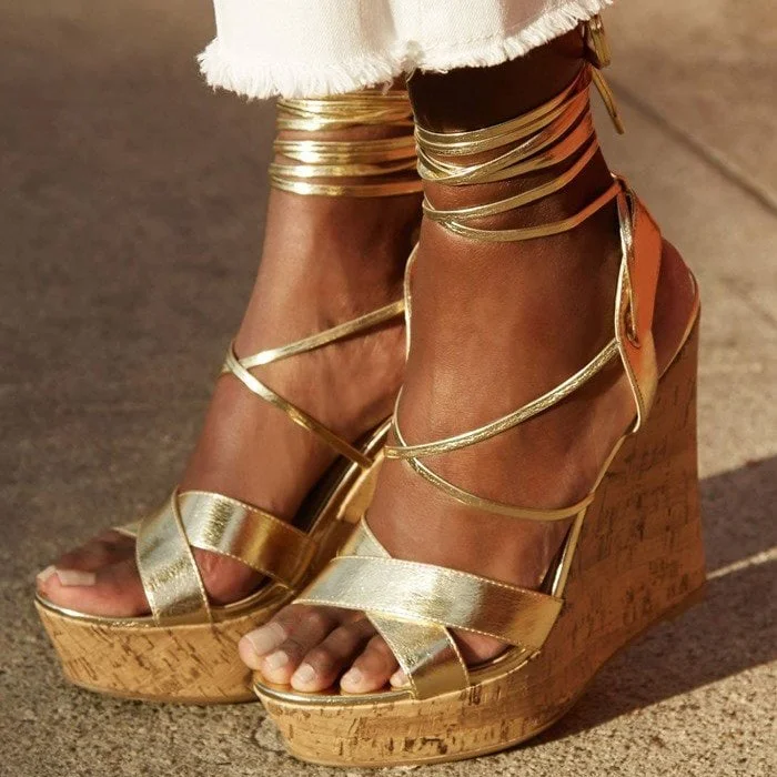 Gold Wedge Heels Open Toe Strappy Sandals with Platform |FSJ Shoes