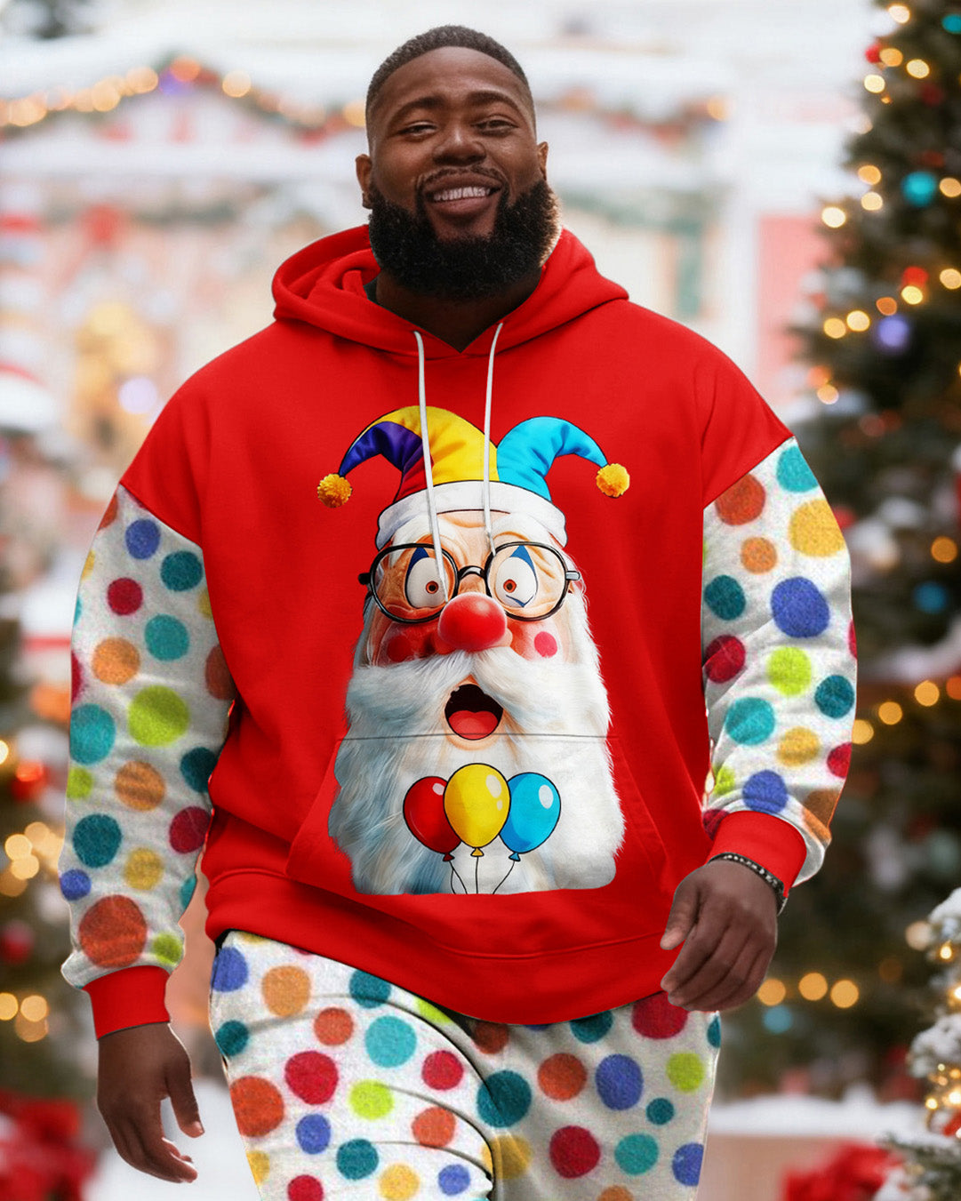 Big & Tall Men's Christmas Polka Dot Clown Santa Claus Hoodie Set