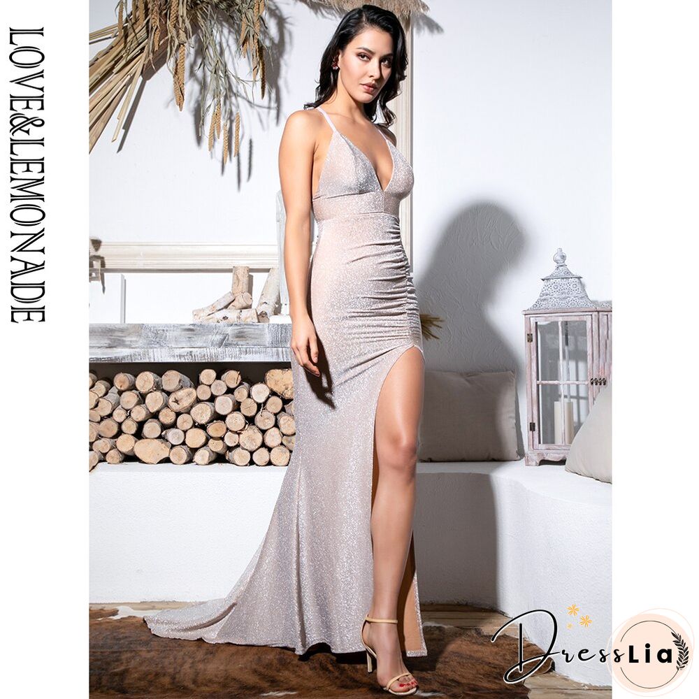 Sexy Nude Deep V-Neck Cut Out Bodycon Shiny Elastic Fabric Maxi Dress Lm81709-1