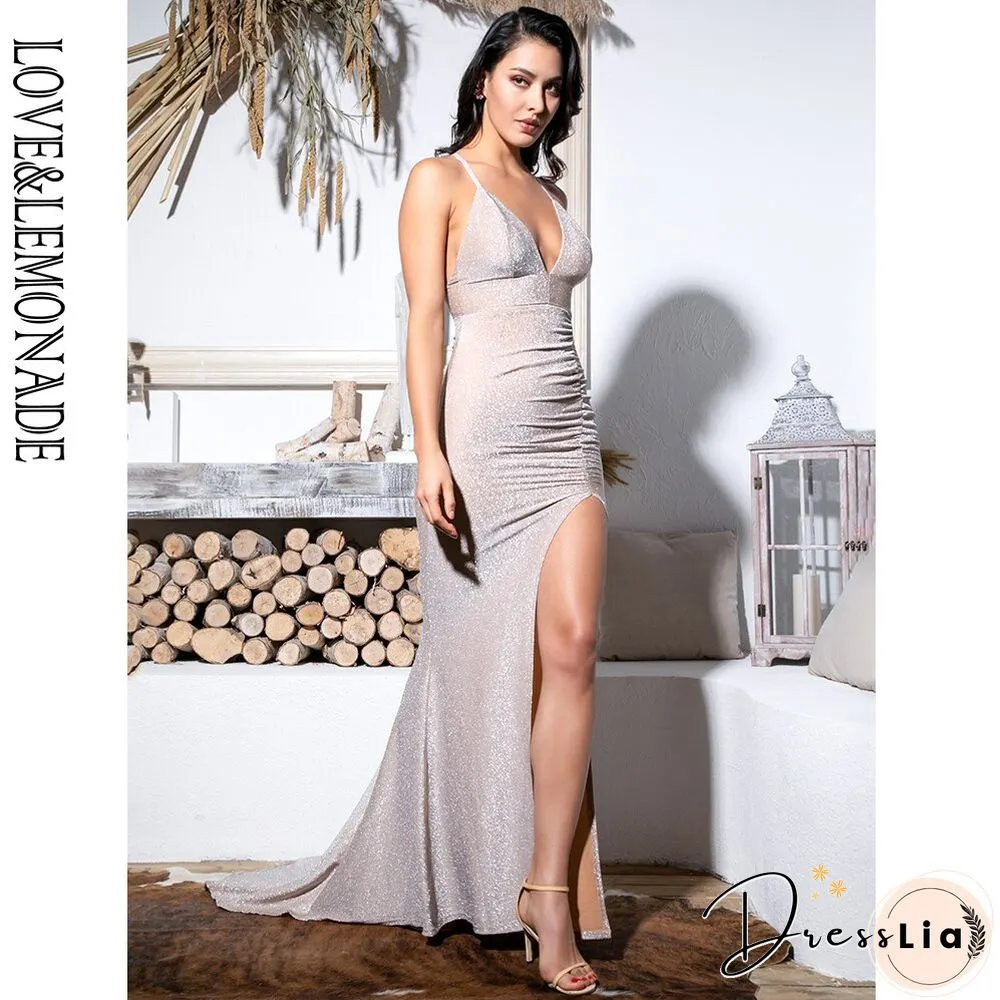 Sexy Nude Deep V-Neck Cut Out Bodycon Shiny Elastic Fabric Maxi Dress Lm81709-1