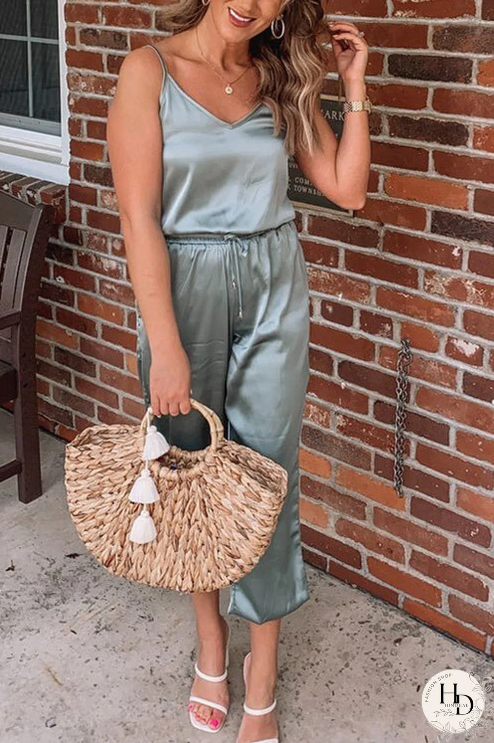 Strappy V Neck Elastic Waist Jumpsuit