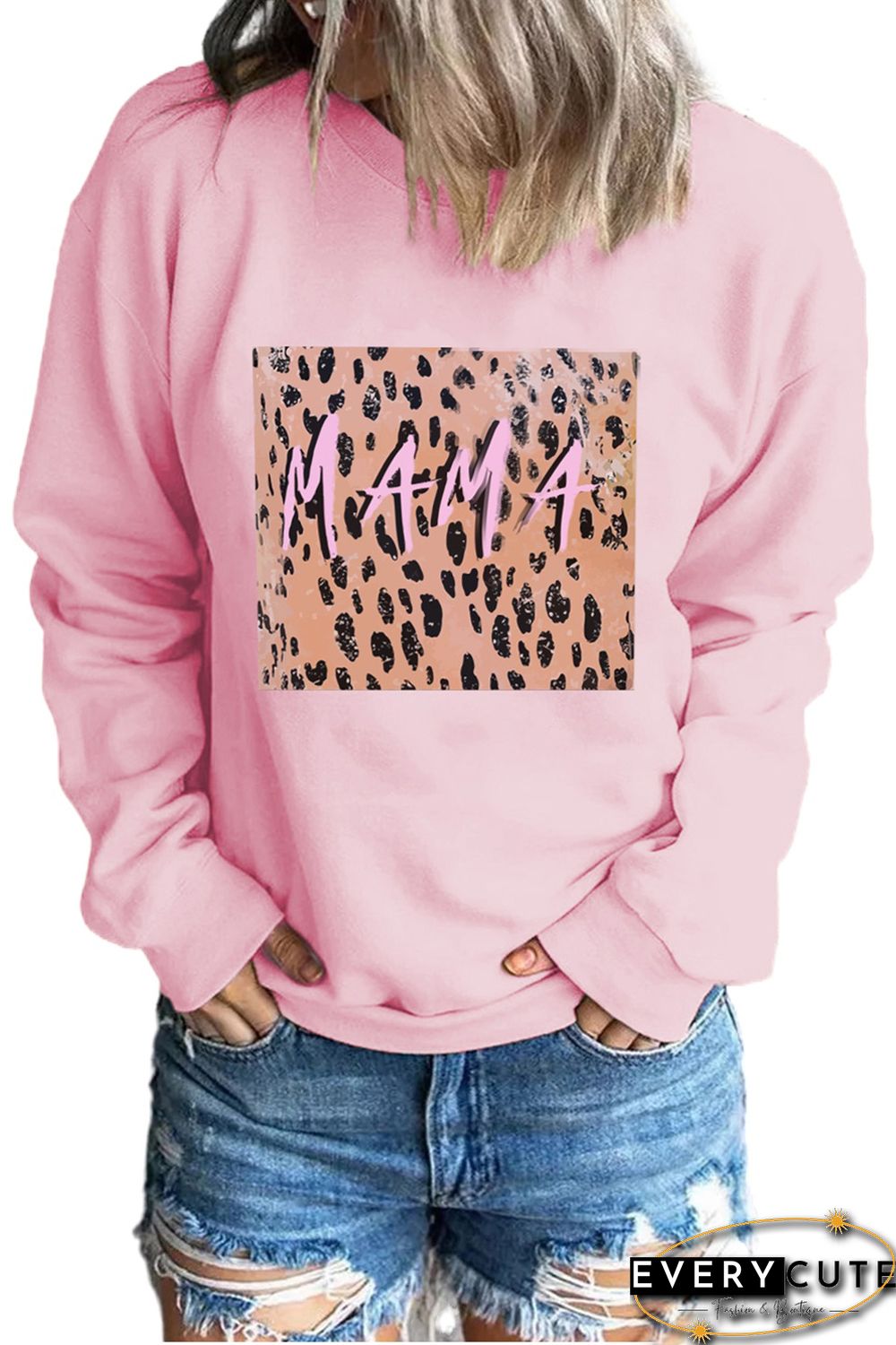 Pink MAMA Leopard Color Block Drop Sleeve Pullover Sweatshirt