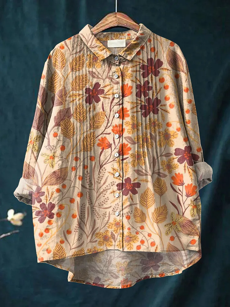 Women's Vintage Autumn Floral Art Print Casual Cotton And Linen Ruffle Shirt