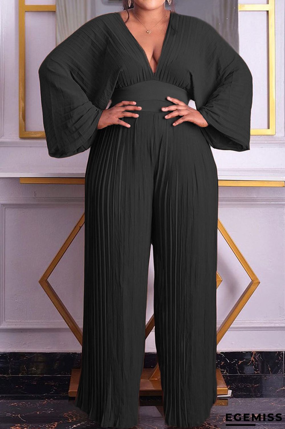 Black Casual Solid Patchwork Fold V Neck Plus Size Two Pieces | EGEMISS