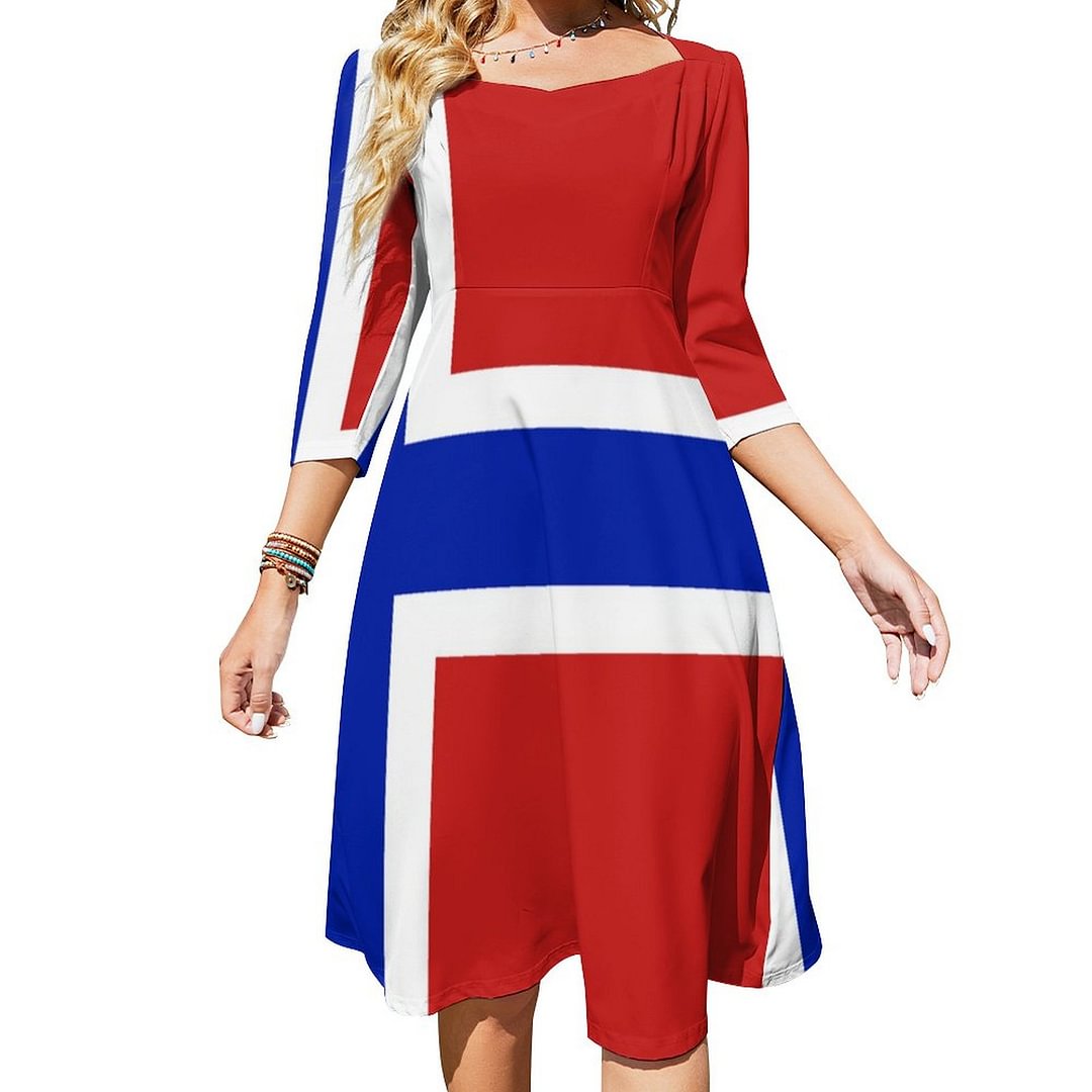 Flag Of Norway Scandinavian Dress Sweetheart Tie Back Flared 3/4 Sleeve Midi Dresses
