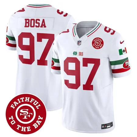 Men's San Francisco 49ers #97 Nick Bosa White Mexico Faithful To The Bay Patch Vapor F.U.S.E. Limited Jersey