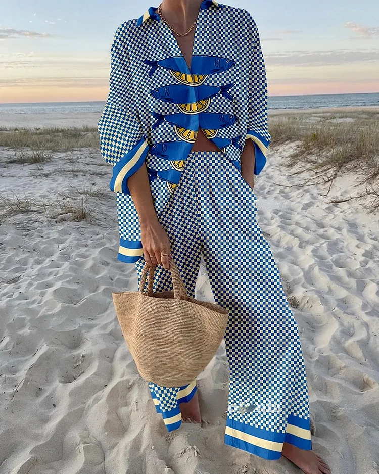 Vintage plaid lemon fish print two-piece set