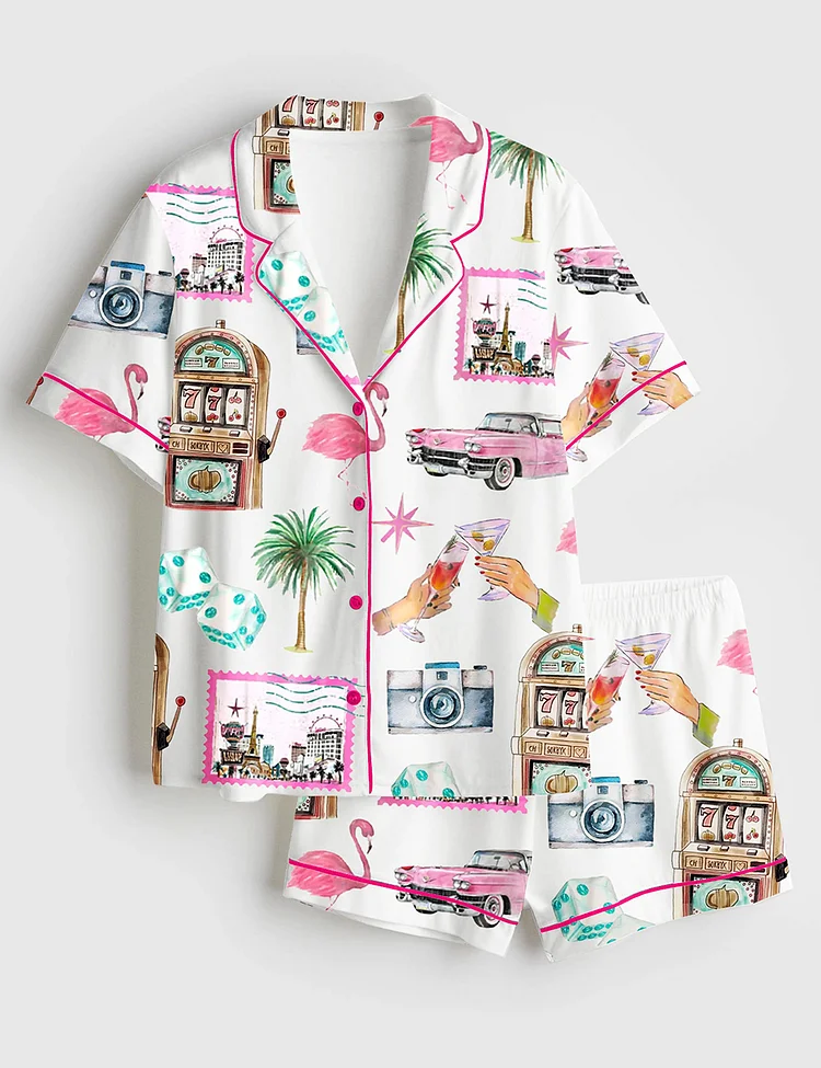 Women&rsquo;s Las Vegas Bachelorette Cocktail Club Girls Trip Country Club Short Sleeve Satin Pajama Set