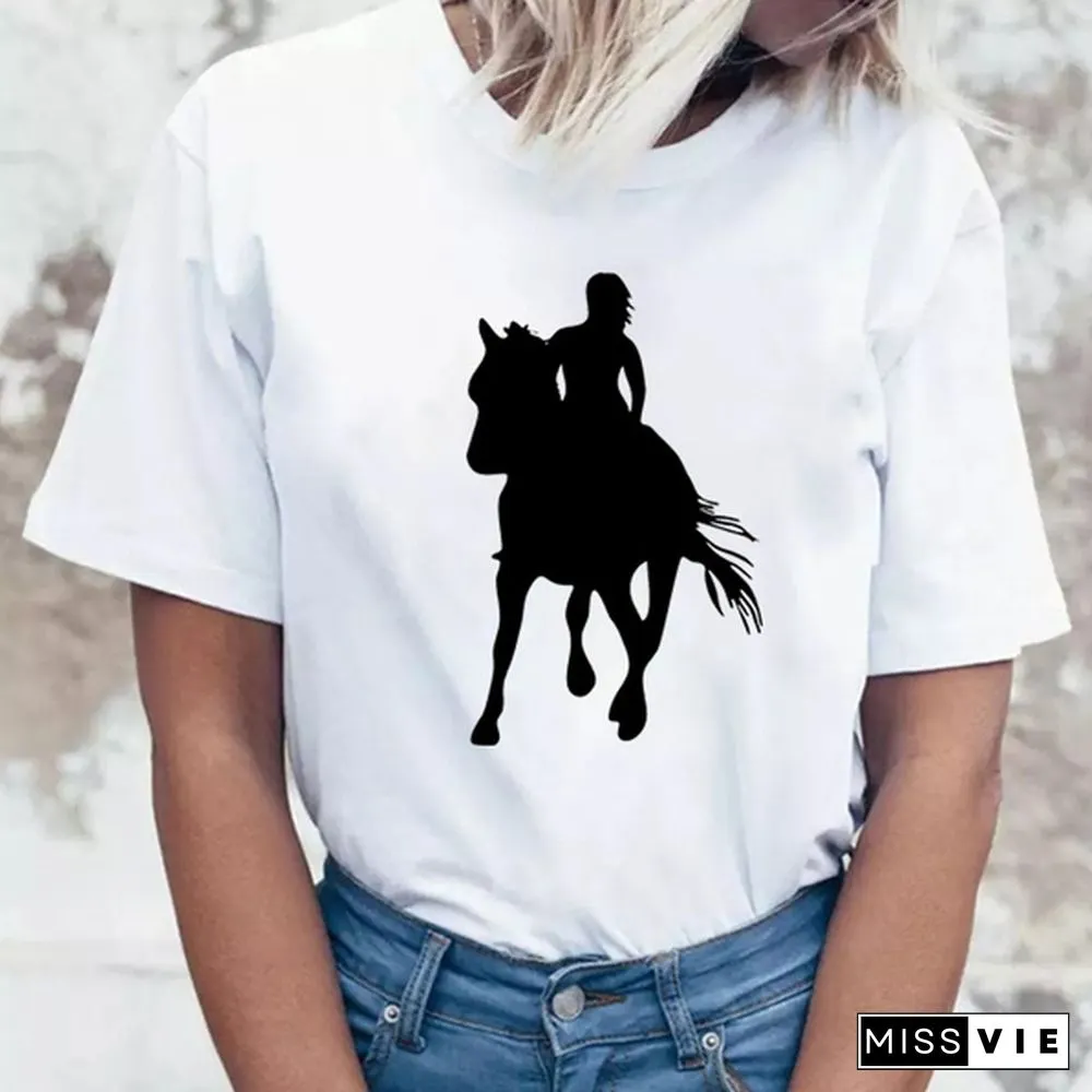 Womens Horse Print Knight Shirts Womens Tops Casual Tees Women Blouse Graphic T-Shirt