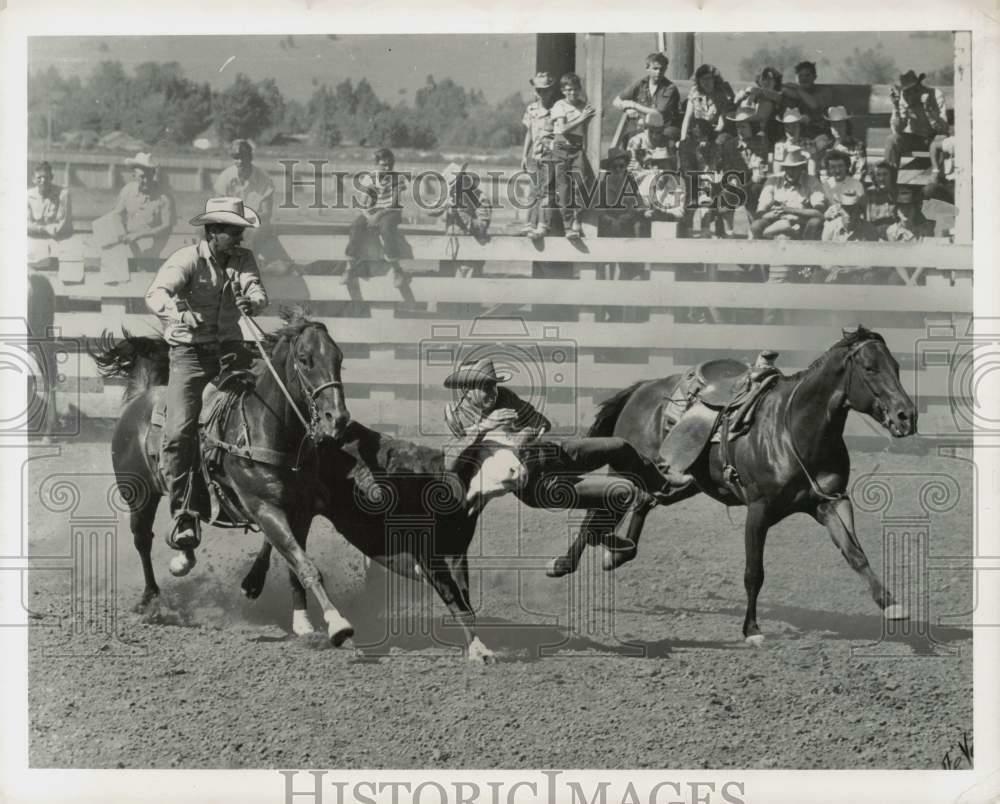 Press Photo Poster painting Cowboys in Steer Wrestling Finals at the National Rodeo Championship