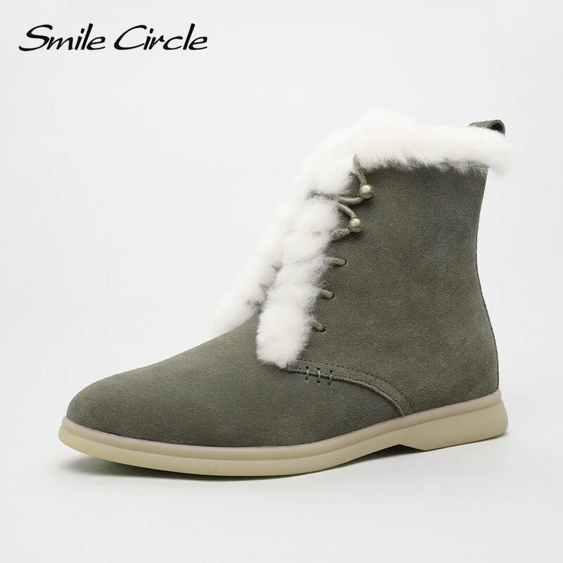 Smile Circle winter Ankle boots cow-suede-leather boots fashion natural-fur Warm boots Comfortable snow boots women