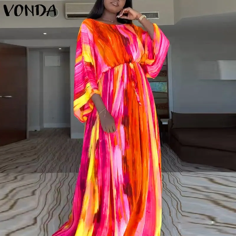 VONDA Elegant Summer Maxi Dress 2022 Women Sundress Vintage Printed Holiday Party Dress Belted Vestidos Oversized