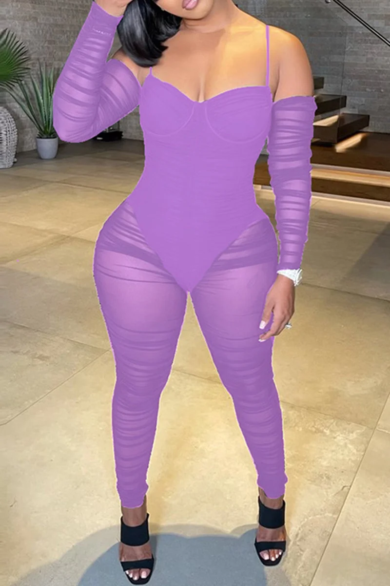 Fashion Sexy Patchwork See-through Backless Off the Shoulder Skinny Jumpsuits