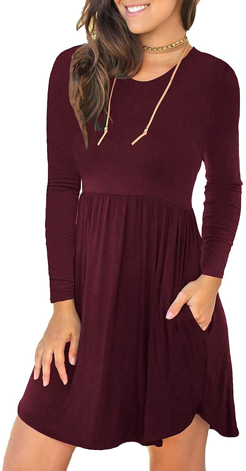 Women's Long Sleeve Loose Plain Dresses Casual Short Dress with Pockets