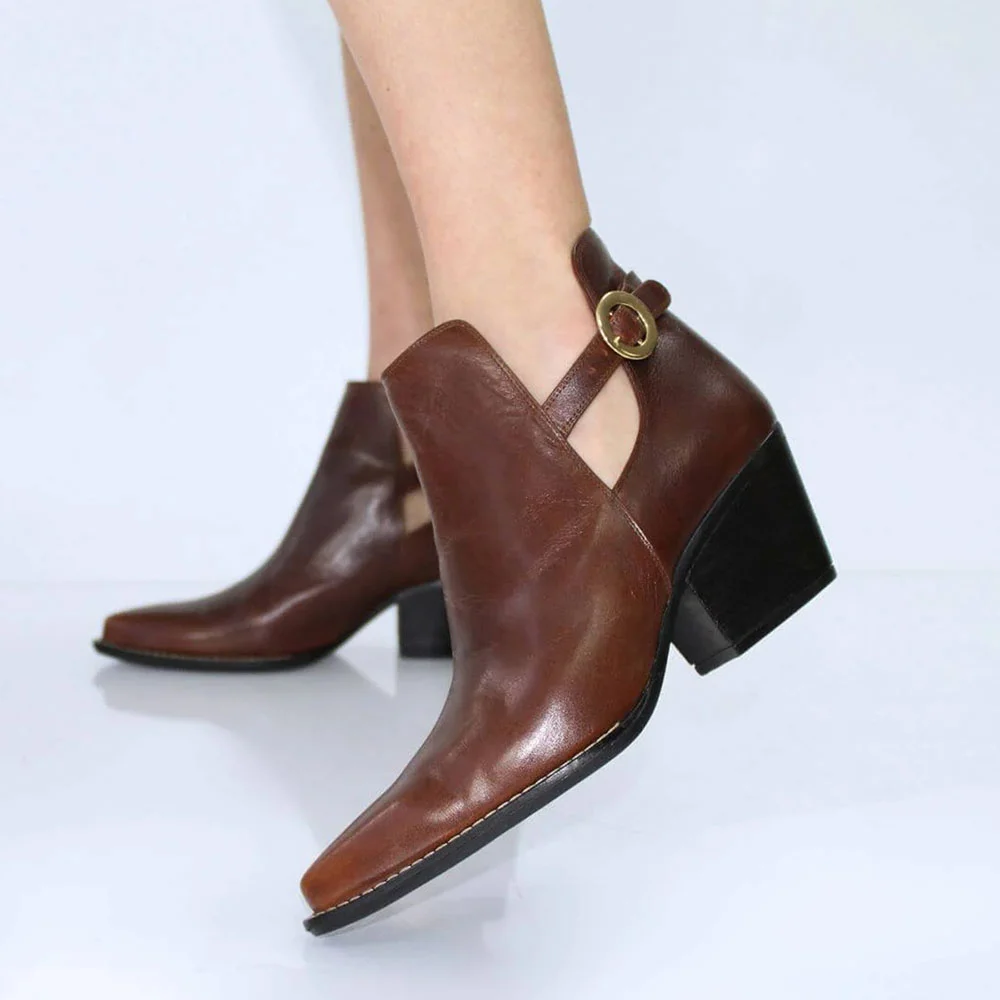 Brown Pointed Toe Cut-Out Chunky Heel Buckle Strap Ankle Boots