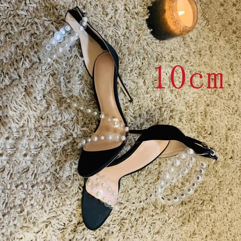  2022 New Women Heels Sandals Stiletto 8Cm Sexy Heels Party Shoes Back Pearl Transparent Thin Heel One-Sided Sandals